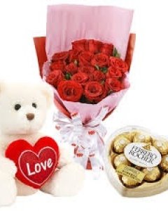 1 Dozen + Ferrero Heart + 2ft teddy +pillow
